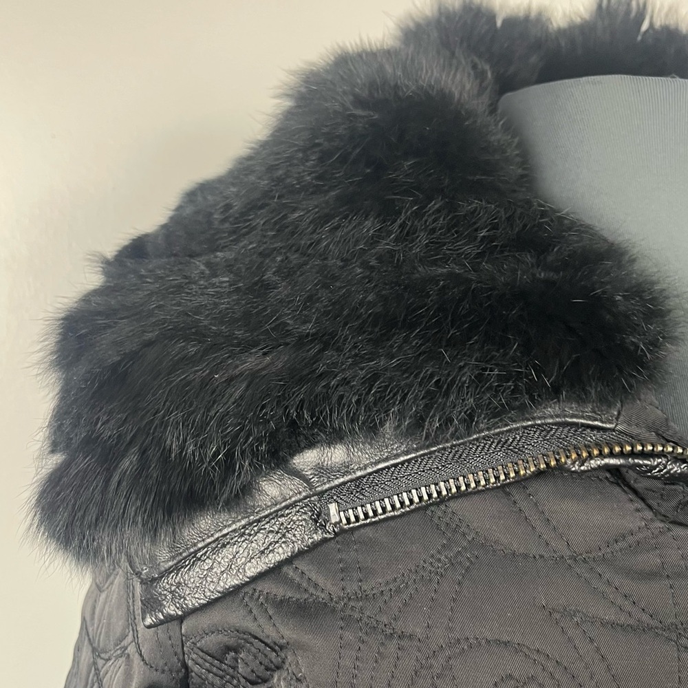 Bebe Y2K Rabbit Fur Trimmed down and feather filled belted jacket black size M - Picture 3 of 10